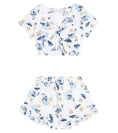 Monnalisa Kids' Printed Cotton Top And Shorts Set In Bianco+bluette