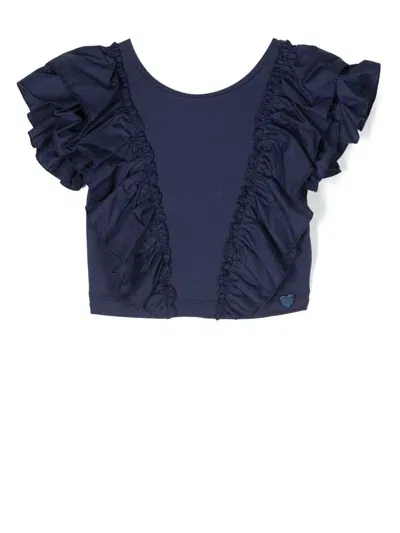 Monnalisa Kids' Ruffled V-back T-shirt In Blue