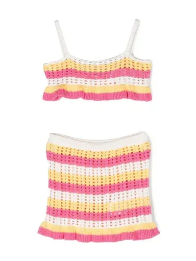 Monnalisa Kids' Striped Crochet Two-piece Set In White + Fuchsia