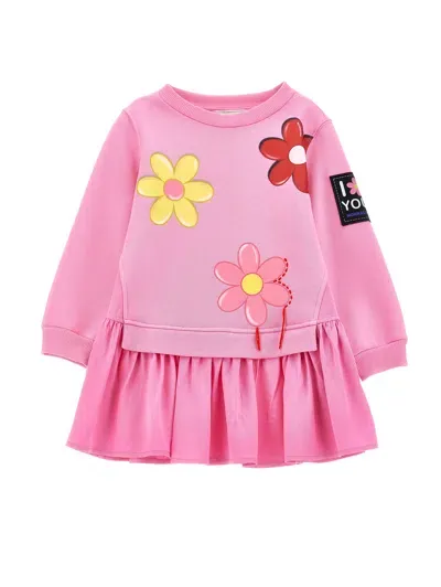 Monnalisa Kids'   Sweatshirt Dress With Maxi Flowers In Bright Peach Pink