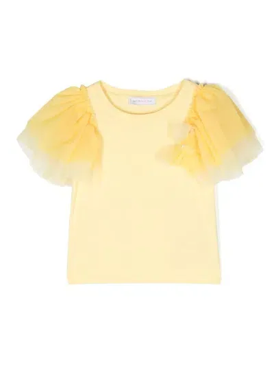 Monnalisa Babies' Tulle-sleeve Cotton T-shirt In Yellow