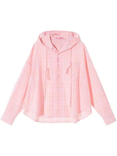 Monochrome Check Pattern Hoodie Shirt In Pink