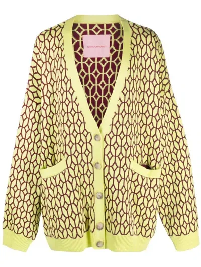 Monochrome Patterned-intarsia V-neck Cardigan In Green