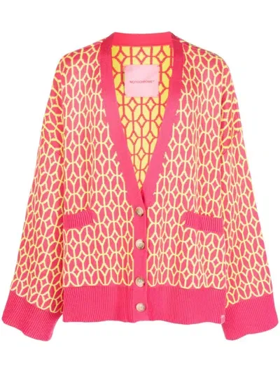 Monochrome Patterned-intarsia V-neck Cardigan In Pink