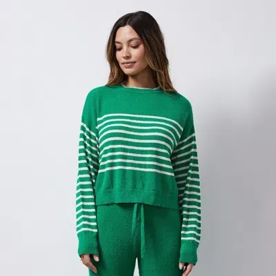 Monrow Boucle Knit Stripe Sweater In Parsley/ Cream