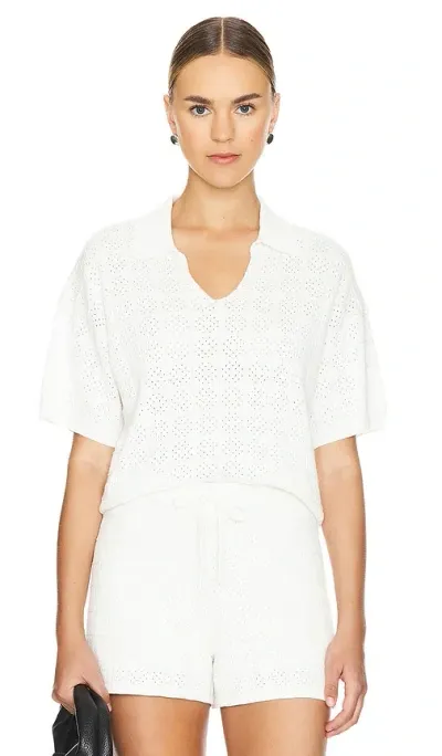 Monrow Crochet Knit Oversized Polo Tee In Ivory