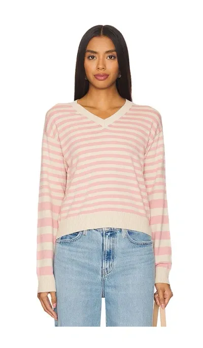 Monrow Light Soft Knit Stripe V Neck Sweater In Sand/chalk Pink