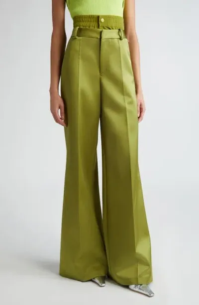 Monse Double Waistband Satin Flare Leg Pants In Olive