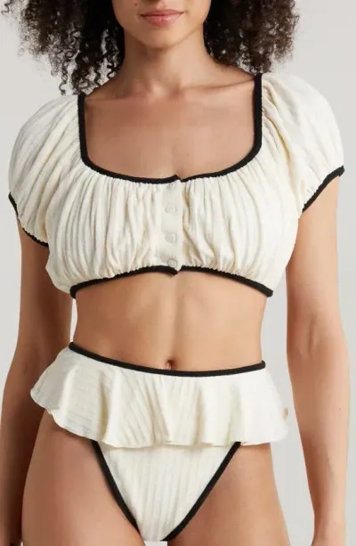 Montce Bandita Ruffle Bikini Top In Cream Terry Rib Black Binded