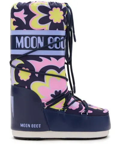 Moon Boot Icon Flower Print Padded Boots In Blue