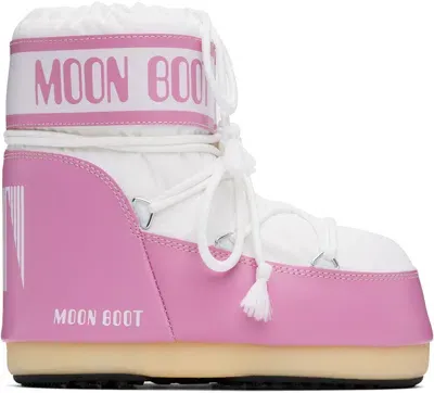 Moon Boot Pink & White Icon Low Boots In Pink/white