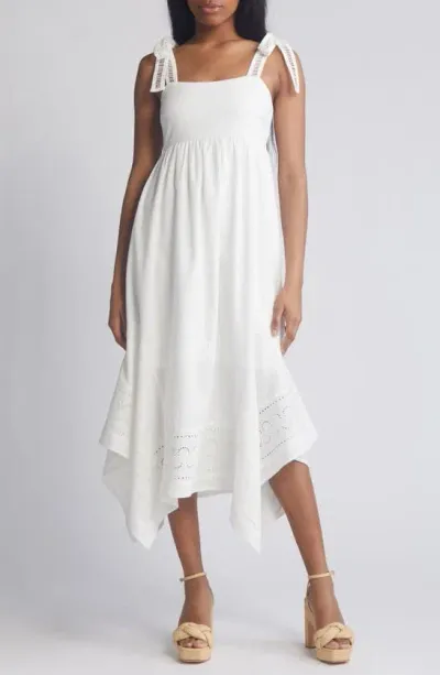 Moon River Embroidered Handkerchief Hem Midi Sundress In White