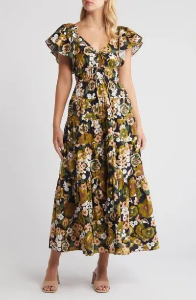 Moon River Floral Fit & Flare Midi Sundress In Navy Multi