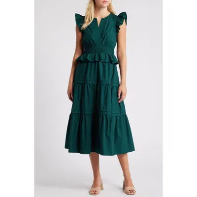 Moon River Flutter Sleeve Tiered Cotton Dress In Dark Green