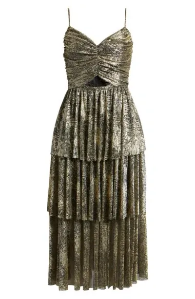 Moon River Metallic Tiered Maxi Dress In Black Gold