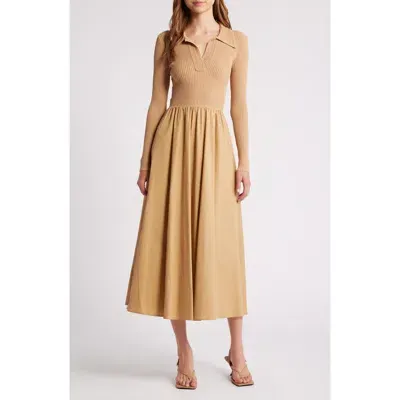 Moon River Mixed Media Long Sleeve Midi Dress In Taupe