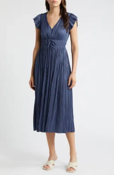 Moon River Pleated Tie Waist Midi Dress In Navy