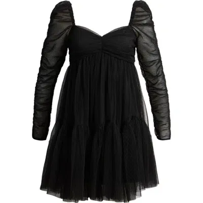 Moon River Plissé Long Sleeve Tulle Minidress In Black