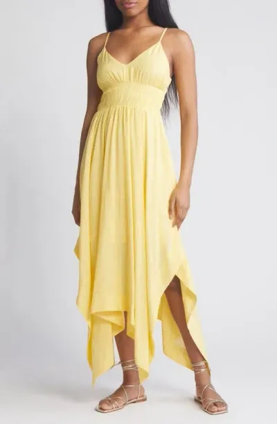 Moon River Shirred Bodice Handkerchief Hem Sundress In Yellow