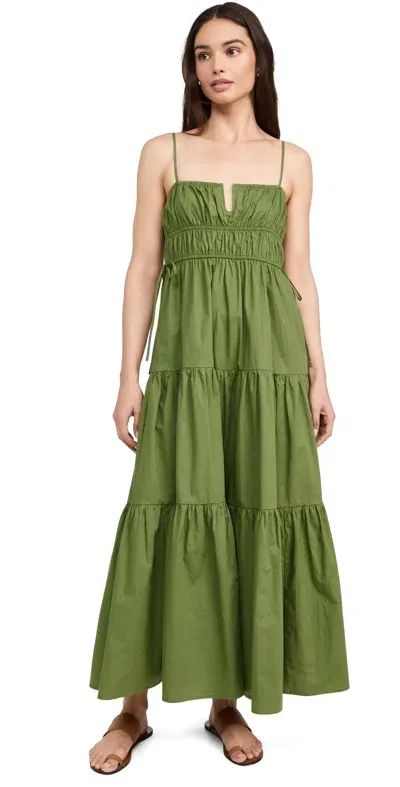 Moon River Shirred Cotton Midi Dress In Green