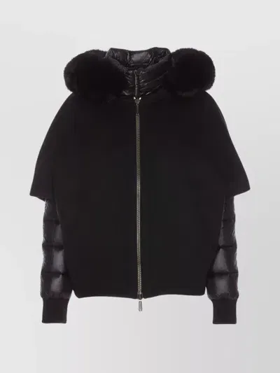 Moorer Fur Trim Hooded Jacket With Quilted Sleeves In Black