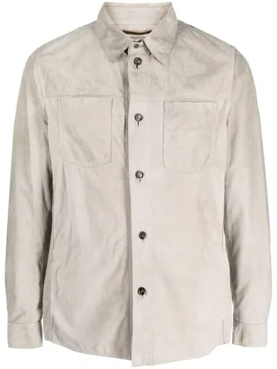 Moorer Long-sleeve Leather Overshirt In Grey