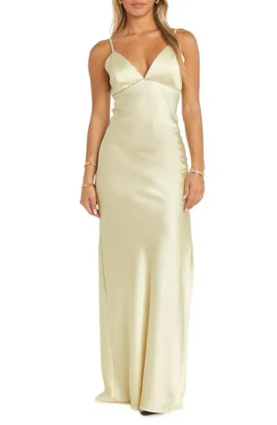 Morgan & Co. Rhinestone Embellished Satin Gown In Cream