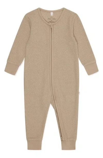 Mori Kids' Clever Zip Waffle Fitted One-piece Pajamas In Seasame