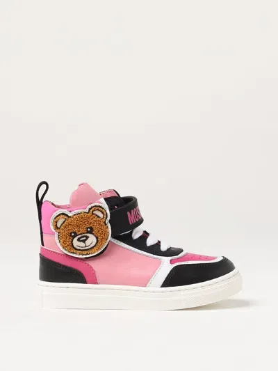 Moschino Kids' Baby Leather Sneakers With Applied Logo In 粉色