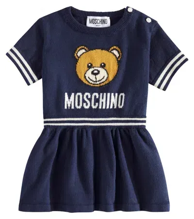 Moschino Baby Teddy Bear Cotton And Wool Dress In Blue