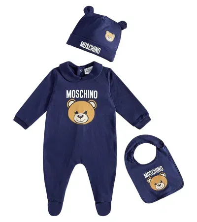 Moschino Baby Teddy Bear Onesie, Bib, And Beanie Set In Blue