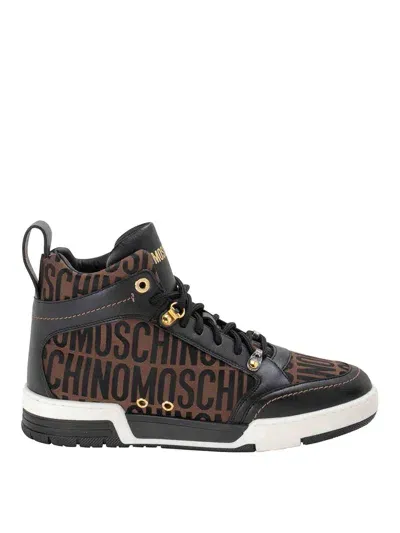 Moschino Bi-material Laced Sneakers In Marrón