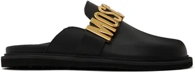 Moschino Black Lettering Logo Calfskin Mules