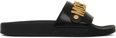 Moschino Black Lettering Logo Pvc Pool Slides In Black/black