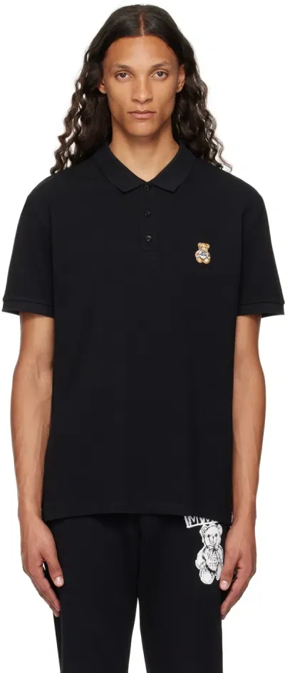 Moschino Teddy Logo Patch Polo Shirt In Black