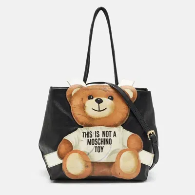 Pre-owned Moschino Black Textured Faux Leather Teddy Bear Tote