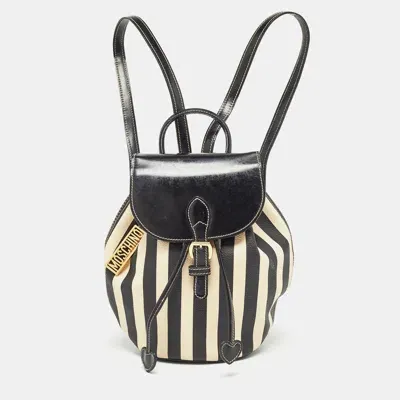 Pre-owned Moschino Black/cream Coated Canvas Striped Mini Drawstring Backpack