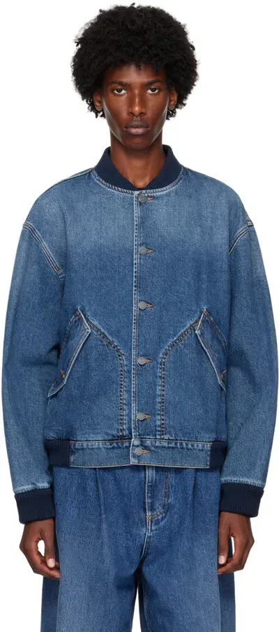 Moschino Logo-patch Denim Bomber Jacket In Blue