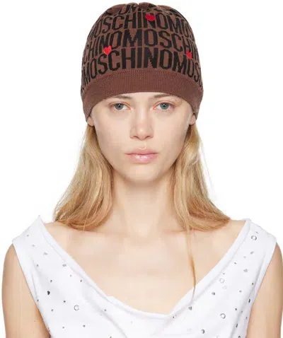 Moschino Brown Hearts Embroidery Jacquard Beanie In 2103 Multi Brown