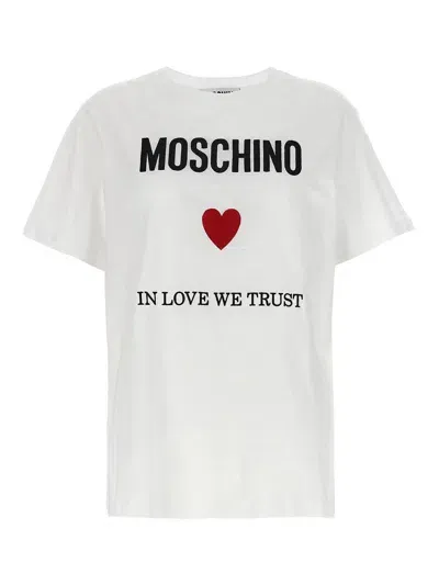 Moschino Cotton T-shirt Love We Trust Crew Neck In Blanco