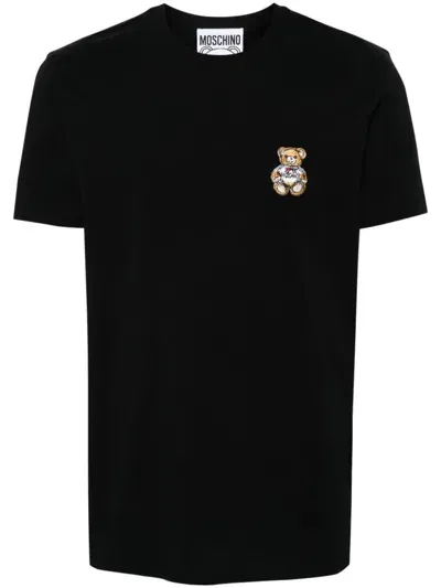 Moschino Cotton T Shirt With Teddy Bear Patch In Black