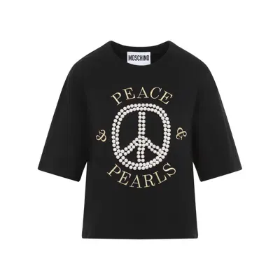 Moschino Couture Luxury Pearl-embellished Black Cotton Tee In Schwarz