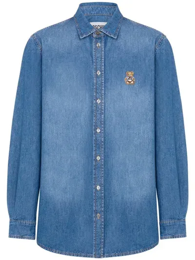 Moschino Denim Shirt With Teddy Bear Application In Blue