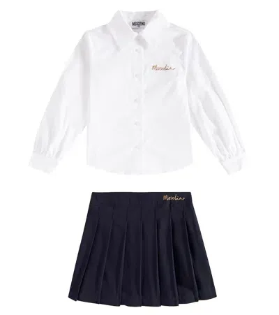 Moschino Kids' Embroidered Cotton Shirt And Skirt Set In Blue