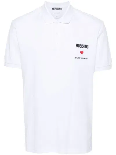 Moschino Embroidered-quote Polo Shirt In White