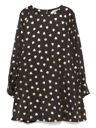 Moschino Kids' Heart Printed Viscose Dress In Black/gold