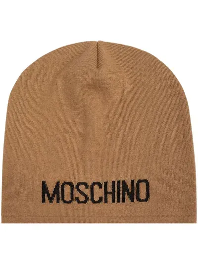 Moschino Intarsia Knit-logo Beanie In Brown