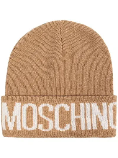 Moschino Intarsia Knit-logo Beanie In Brown