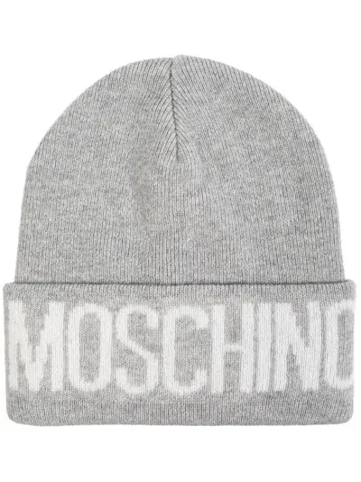 Moschino Intarsia Knit-logo Beanie In Grey