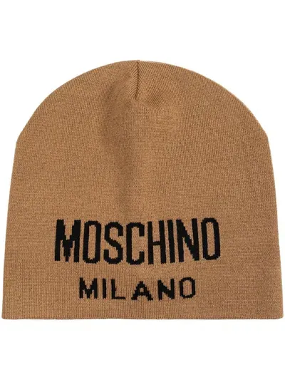 Moschino Intarsia Knit-logo Beanie In Neutrals